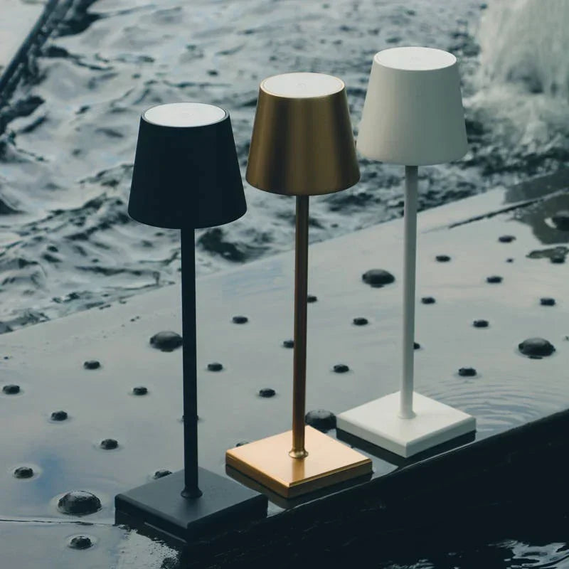 Sleek metallic cordless LED table lamp packaging and accessories