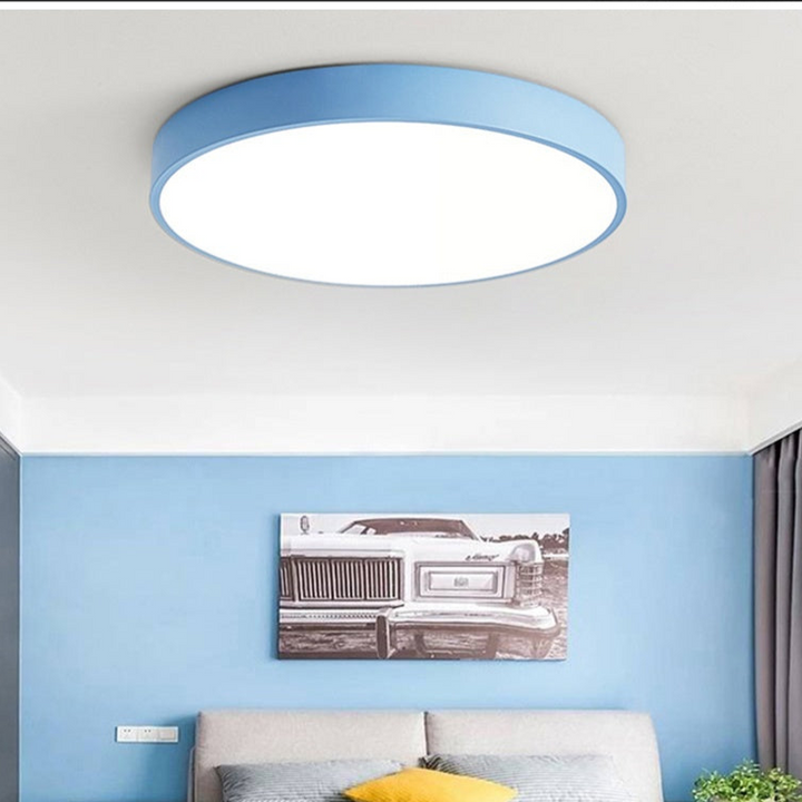 Blue Nordic Macaron round ceiling lamp showcasing its clean circular profile