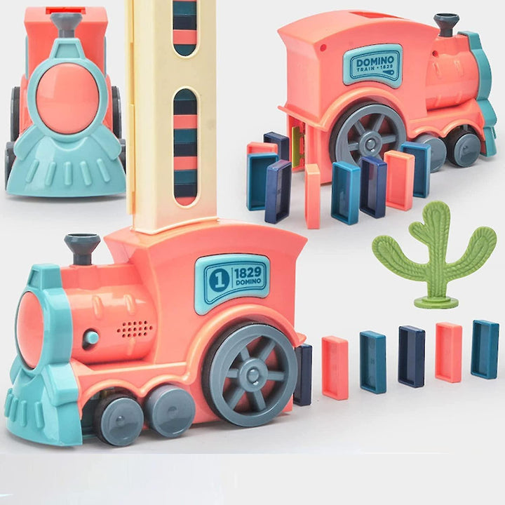 Kids domino train building toy set with colorful blocks and automatic laying action