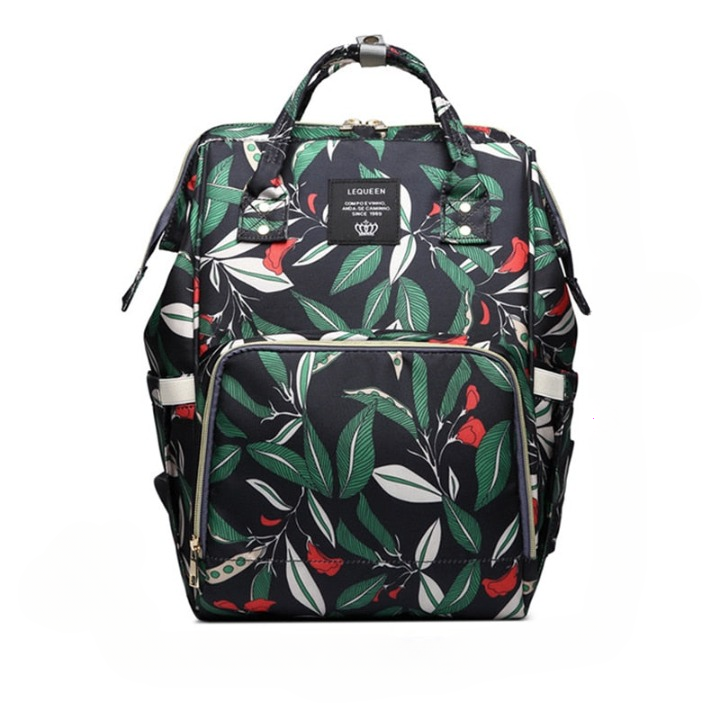 Multi-pocket maternity bag showing secure back zipper pocket for valuables