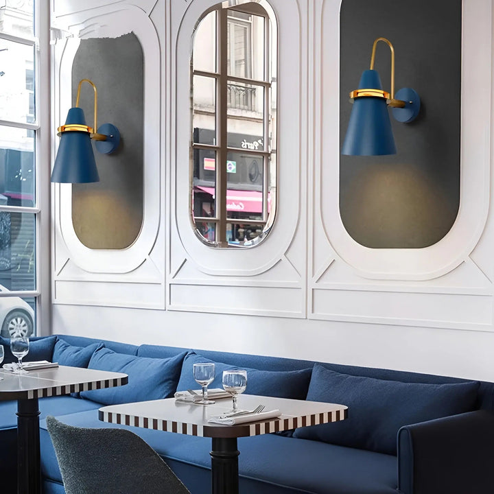 Full view of the modern wall lamp illuminated to highlight its lighting effect
