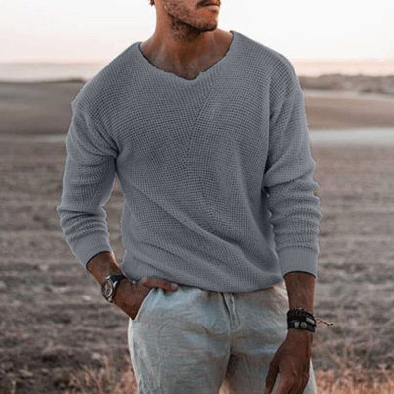 Men's casual gray soft knit sweater outdoors